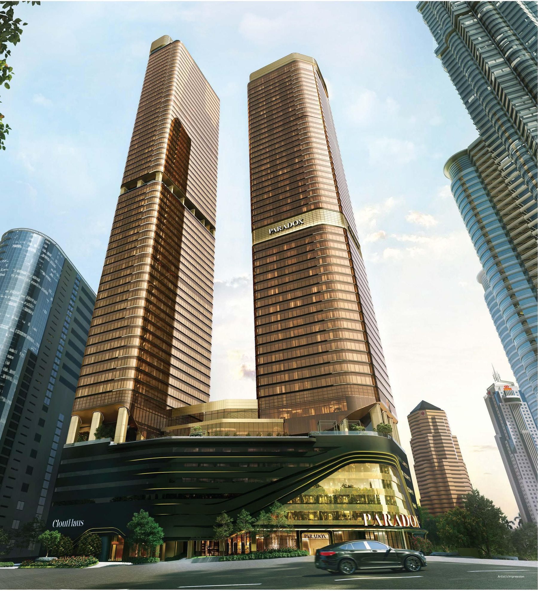 CloutHaus Residences towers facing the Petronas Twin Towers, architectural render